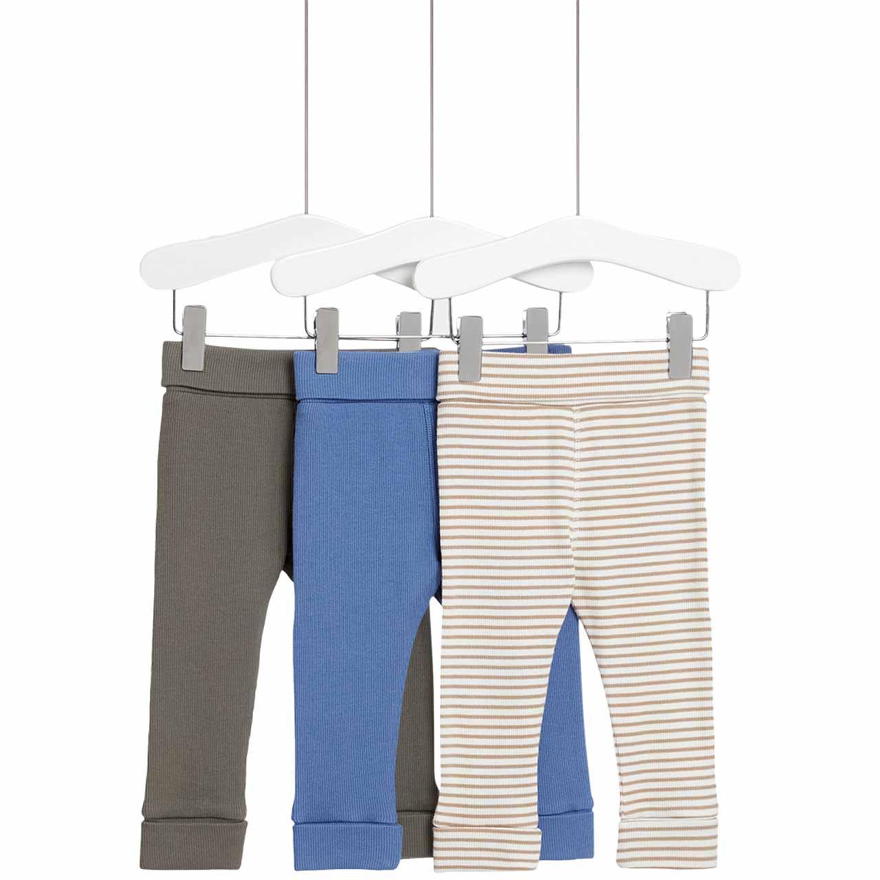 M&S Plain & Striped Leggings, 3 Pack, 6-9 Months, Blue 