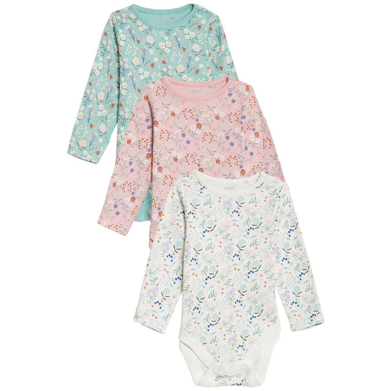 M&S Collection 3pk Pure Cotton Floral Bodysuits Newborn Multi