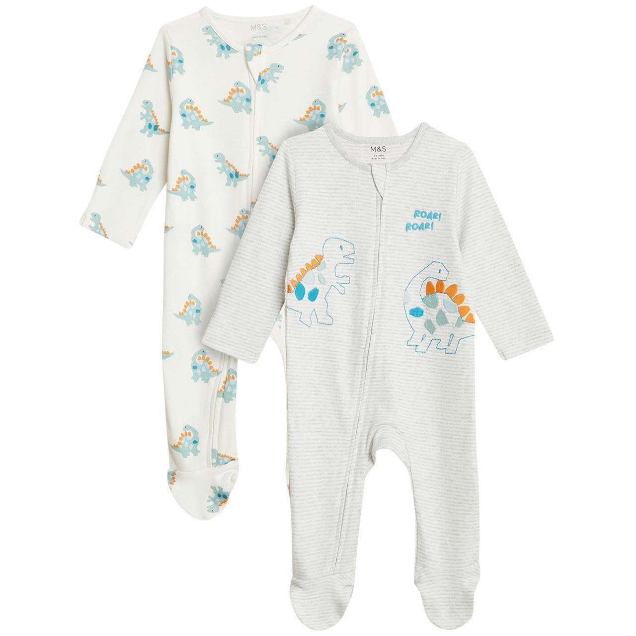 M&S Collection 2pk Pure Cotton Dinosaur Sleepsuits, 0-3 Months, Grey Mix