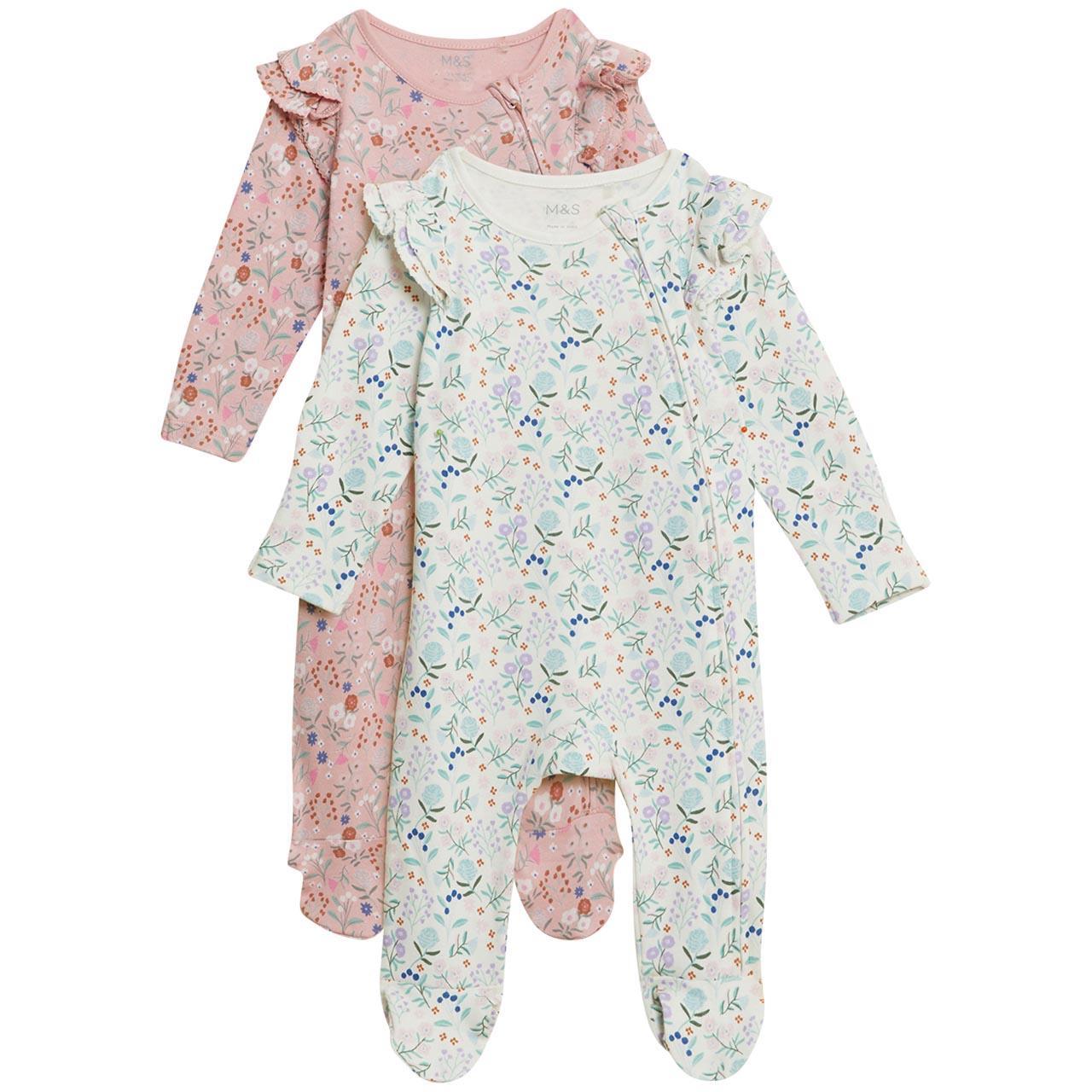 M&S, 2pk Pure Cotton Floral Frill Sleepsuits 9-12 Months Pink Mix