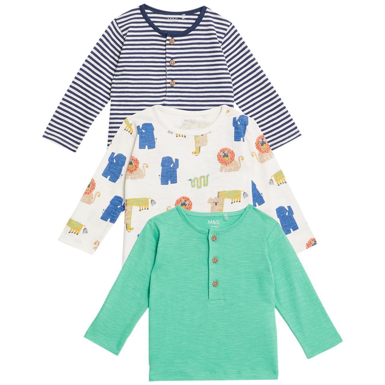 M&S Cotton Long Sleeve Tops 3 Pack, 0-3 Months, Multi