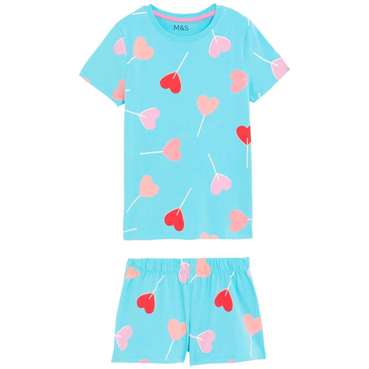 M&S Cotton Rich Heart Lolly Short Pyjama Set, 9-10 Years, Blue Mix