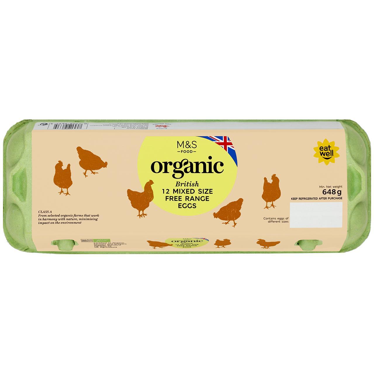 M&S Organic British 12 Free Range Mixed Size Eggs