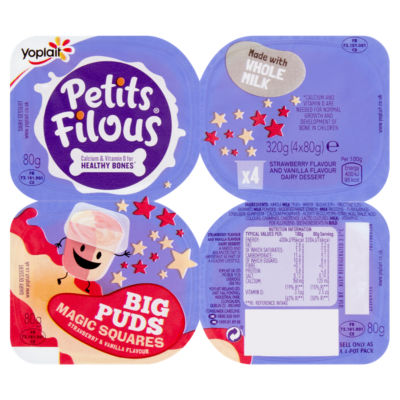 Petits Filous Big Puds Magic Squares Strawberry and Vanilla Flavour Dairy Dessert 4 x 80g (320g)