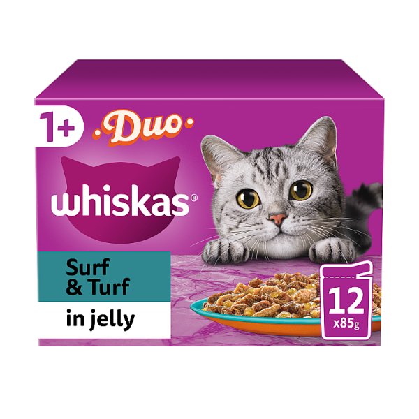 Whiskas 1+ Duo Surf and Turf Adult Wet Cat Food Pouches in Jelly  12 x 85g