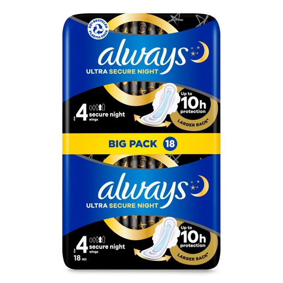 Always Ultra Sanitary Towels Secure Night Size 4 Wings X Pads 18 Pack