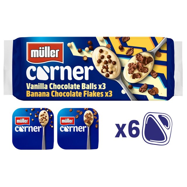 Muller Corner Vanilla Chocolate Balls and Banana Chocolate Flakes Yogurts 6 x 124g