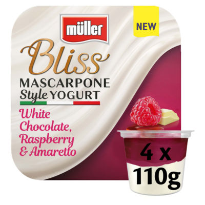 Muller Bliss Mascapone White Choc, Rasberry And Ameretto 4 x 110g