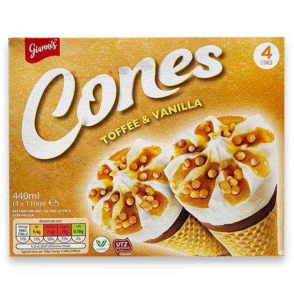 Gianni's Vanilla & Toffee Cones 4x74g/4x110ml