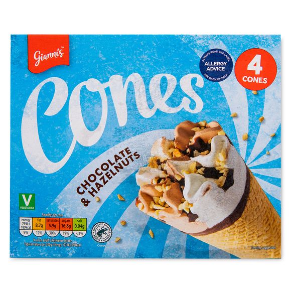 Gianni's Chocolate Ice Cream Cones With Hazelnut Pieces 4x110ml