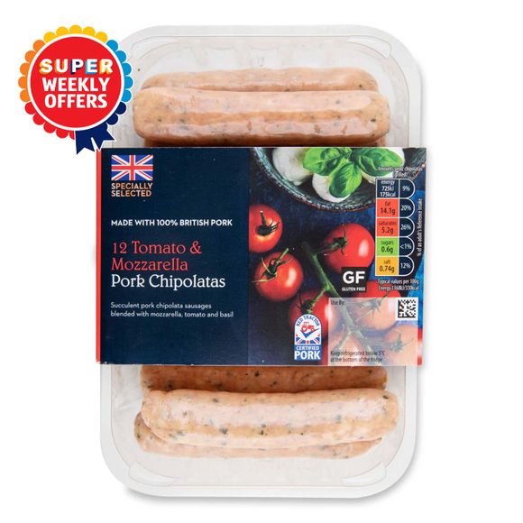 Specially Selected Tomato & Mozzarella Pork Chipolatas 375g/12 Pack