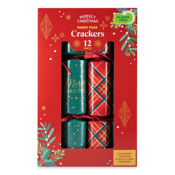 Perfect Christmas Green Script & Red Tartan Christmas Crackers 12 Pack