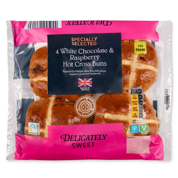 Specially Selected White Chocolate & Raspberry Hot Cross Buns 280g/4 Pack