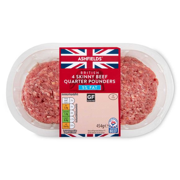 Ashfields British Skinny Beef Quarter Pounders 454g /4 Pack