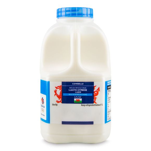 Cowbelle Welsh Whole Milk Llaeth Cymreig Hanner 1 Pint