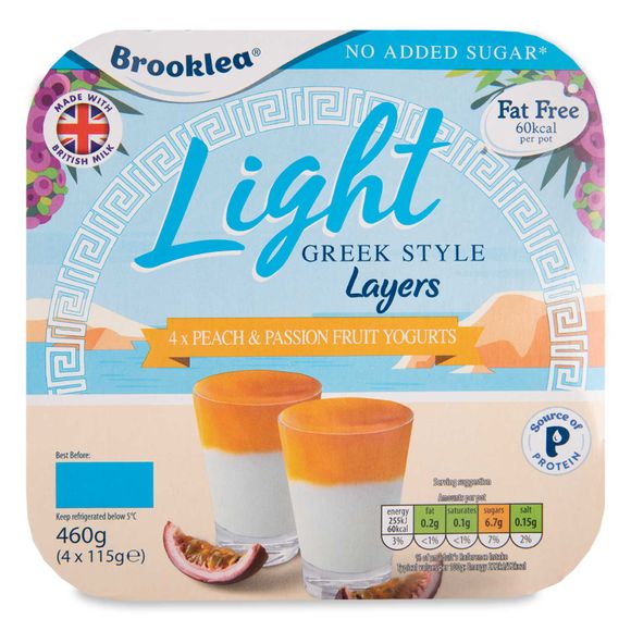 Brooklea Light Greek Style Layered Peach & Passion Fruit Yogurt 4x115g