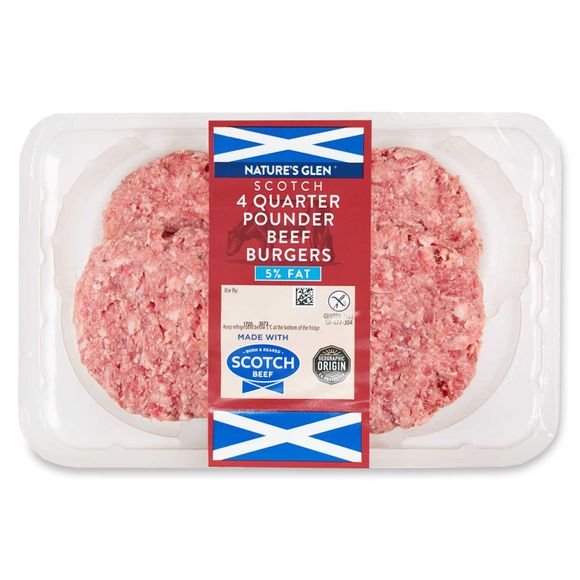 Nature's Glen Scotch 5% Fat Quarter Pounder Beef Burgers 454g