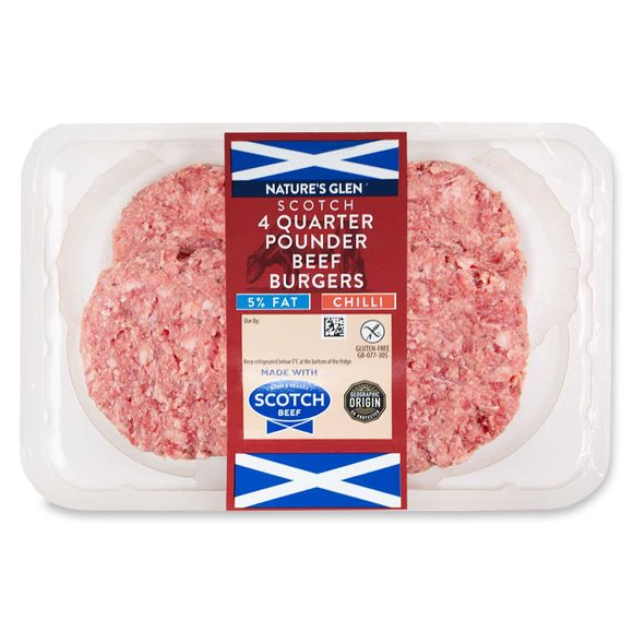 Nature's Glen 5% Fat Quarter Pounder Beef Burgers With Chilli Seasoning 454g