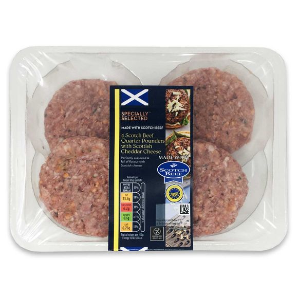 Specially Selected Scotch Quarter Pounder Beef Burgers With Scottish Cheddar Cheese 454g/4 Pack