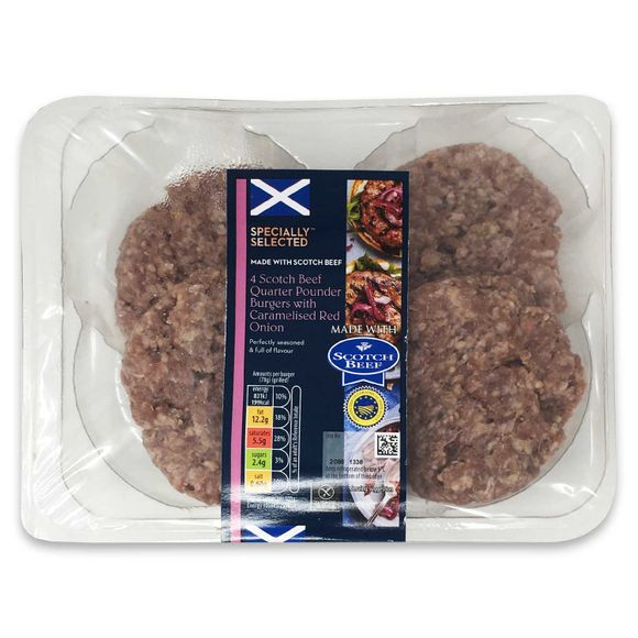 Specially Selected Scotch Quarter Pounder Beef Burgers With Caramelised Red Onion 454g/4 Pack