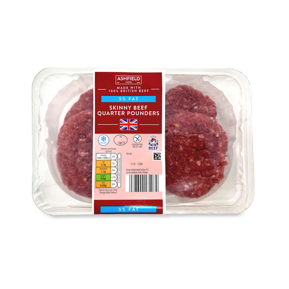 Ashfield Farm 5% Fat Skinny Beef Quarter Pounders 454g