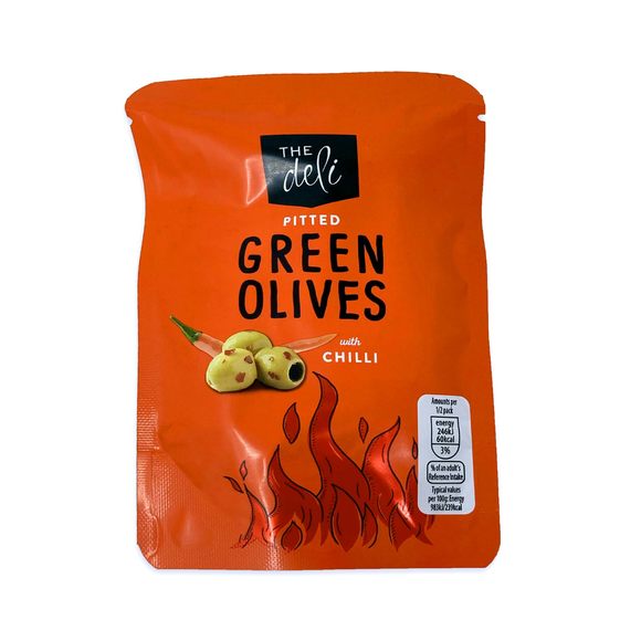 The Deli Pitted Green Olives With Chilli 50g