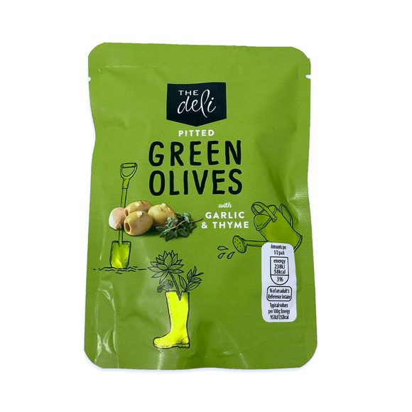 The Deli Pitted Green Olives With Garlic & Thyme 50g