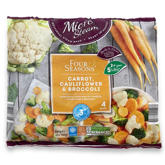 Four Seasons Premium Steam Bag Vegetables, Carrot, Cauliflower & Broccoli 640g