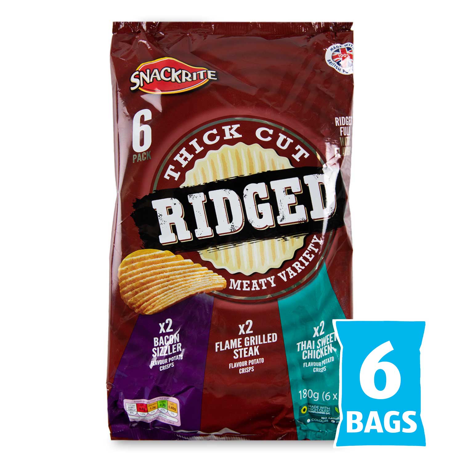 Snackrite Multipack Thick Cut Ridged Meaty Variety Crisps 6x30g