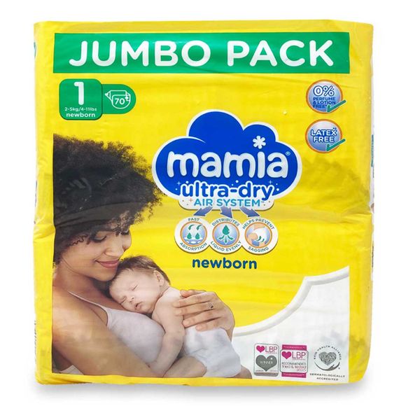 Mamia Ultra-dry Newborn Nappies - Size 1 70 Pack