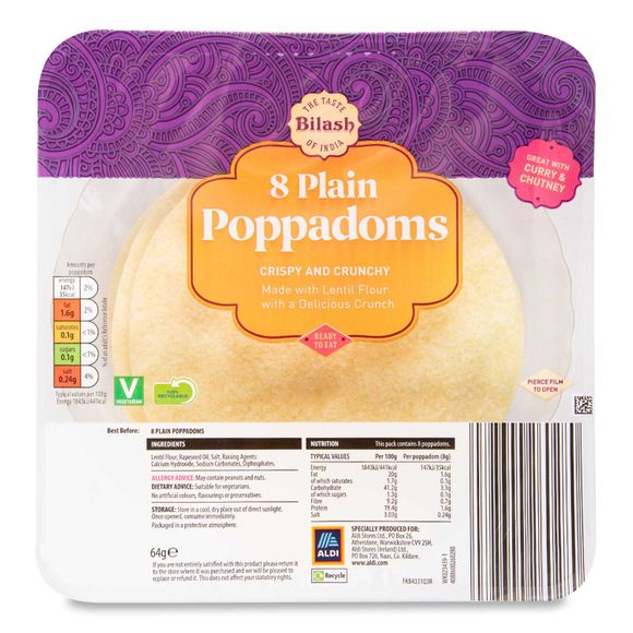 Bilash Plain Poppadoms 64g/8 Pack