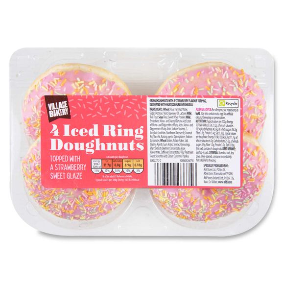 Village Bakery Iced Ring Doughnuts With A Strawberry Topping 220g/4 Pack