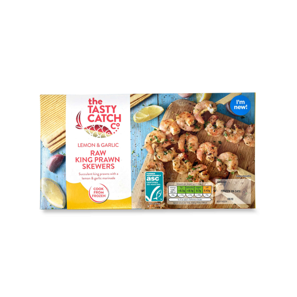 The Tasty Catch Co. Lemon & Garlic Raw King Prawns Skewers 128g