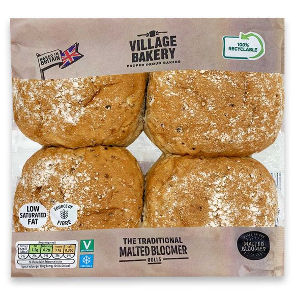 Village Bakery 4 Traditional Malted Bloomer Rolls 240g