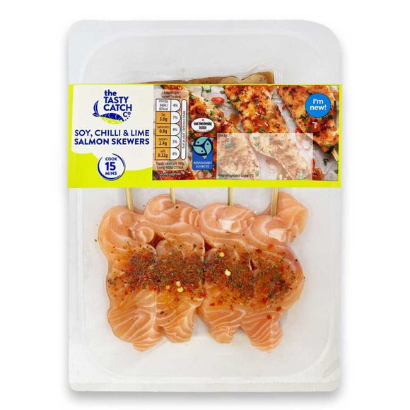 The Tasty Catch Co. Soy, Chilli & Lime Salmon Skewers. 202g