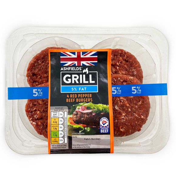 Ashfields Grill Caramelised Onion And Red Pepper Beef Burgers 5% Fat 454g