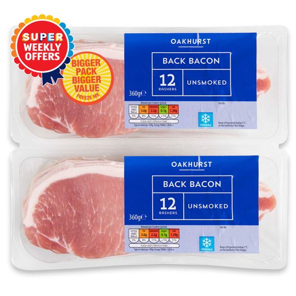 Oakhurst Unsmoked Back Bacon 2x360g/24 Pack