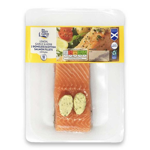 The Tasty Catch Co. Lemon, Garlic & Herb 2 Boneless Scottish Salmon Fillets With Butter 240g