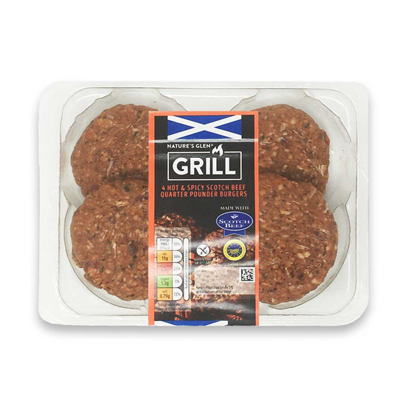 The Grill Hot & Spicy Scotch Beef Quarter Pounder Burgers 454g/4 Pack