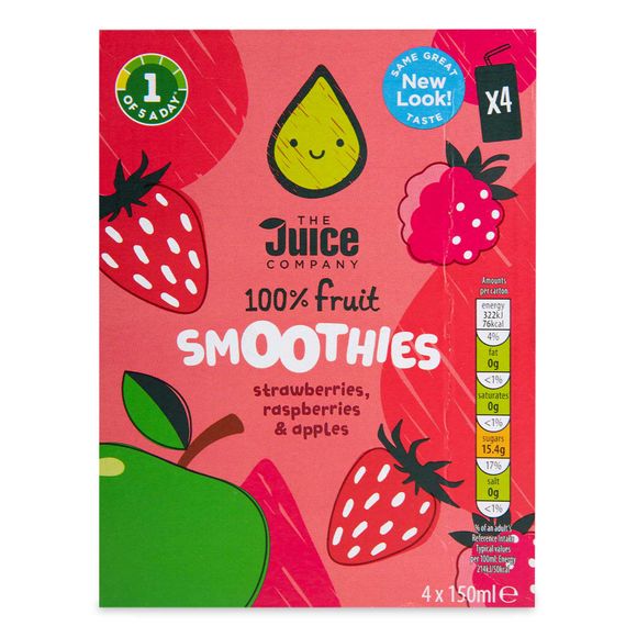 The Juice Company Strawberries, Raspberries & Apples 100% Fruit Smoothies 4x150ml