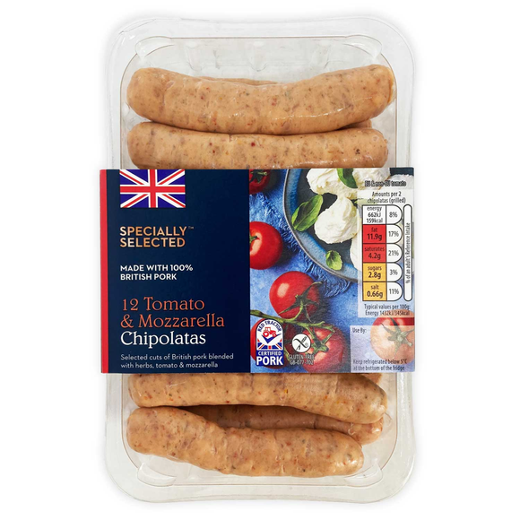 Specially Selected Tomato & Mozzarella Chipolatas 375g/12 Pack