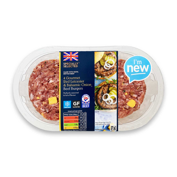 Specially Selected Gourmet Red Leicester & Balsamic Onion Beef Burgers 454g/4 Pack