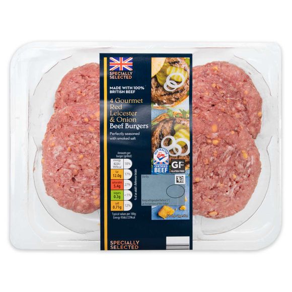 Specially Selected Gourmet Red Leicester & Onion Beef Burgers 454g/4 Pack