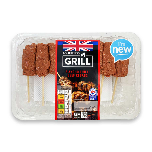 Ashfield Farm 8 Ancho Chilli Beef Kebabs 480g