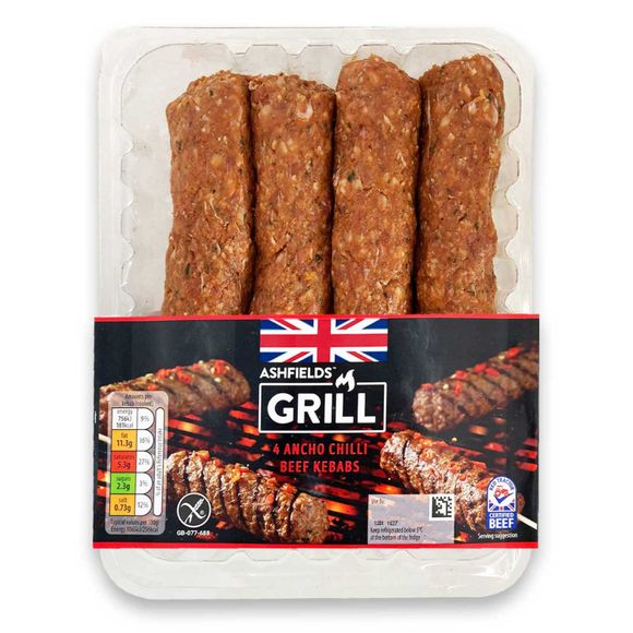 Ashfields Grill 4 Ancho Chilli Beef Kebabs 400g