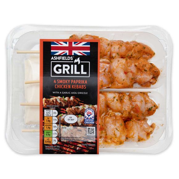 Ashfields Grill Smoky Paprika Chicken Kebabs With A Garlic Aioli Drizzle 320g/4 Pack