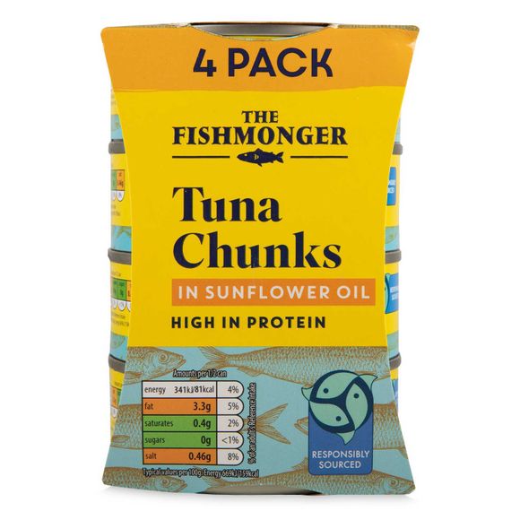 The Fishmonger Tuna Chunks In Sunflower Oil 4x145g (4x102g Drained)