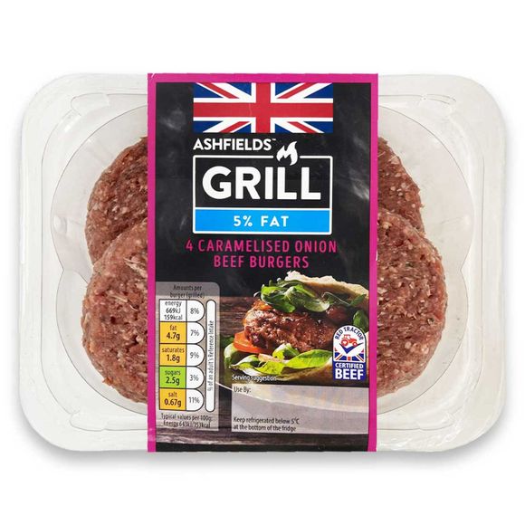 Ashfield Farm 4 Caramelised Onion 5% Fat Beef Burgers 454g