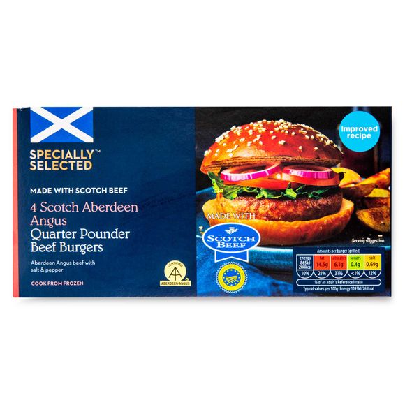 Specially Selected Scotch Aberdeen Angus Quarter Pounder Beef Burgers 454g/4 Pack