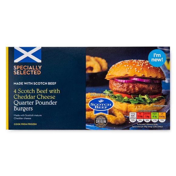 Specially Selected Scotch Beef With Cheddar Cheese Quarter Pounder Burgers 454g/4 Pack